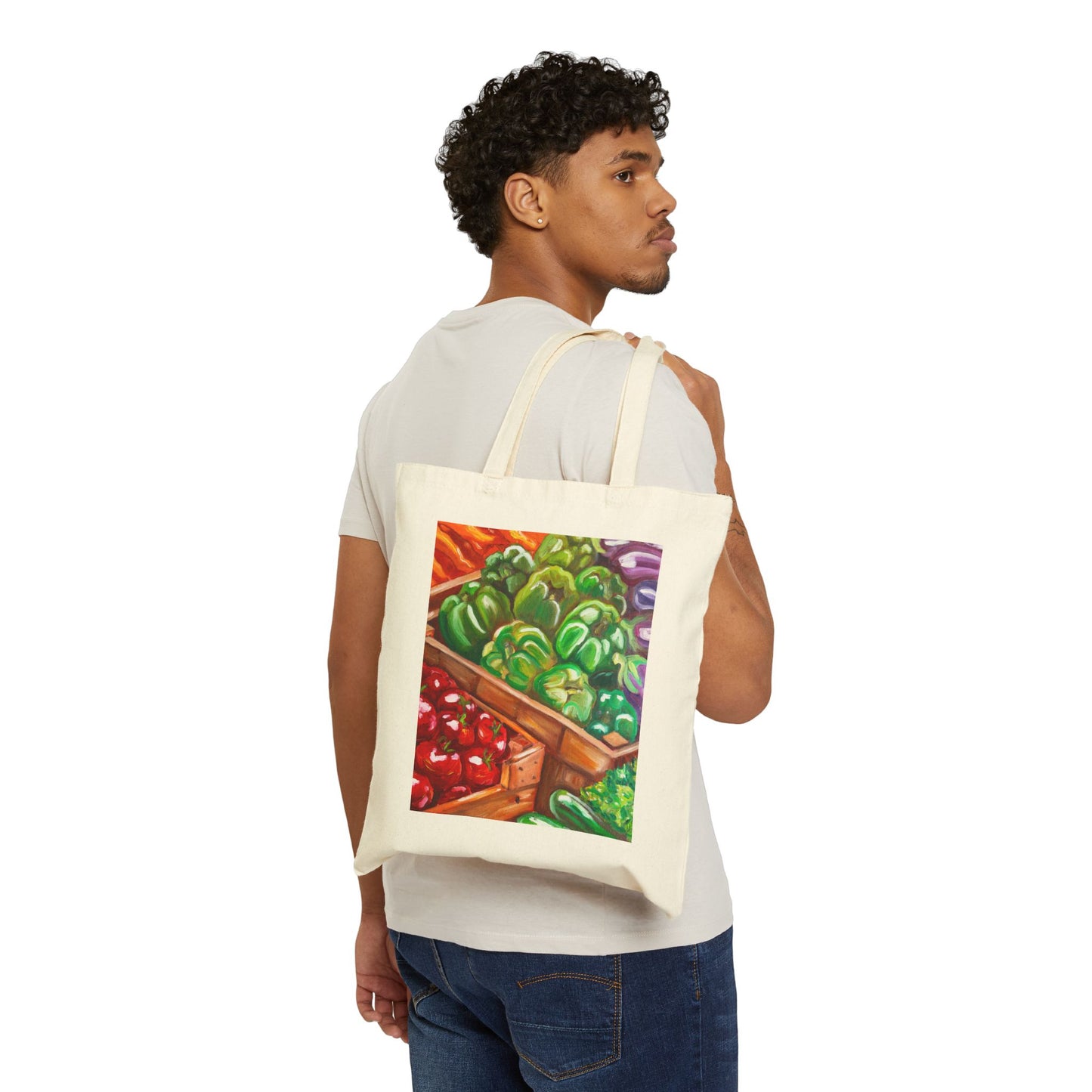 Market Fresh Produce Tote — Canvas Grocery Bag with Colorful Veggies Print