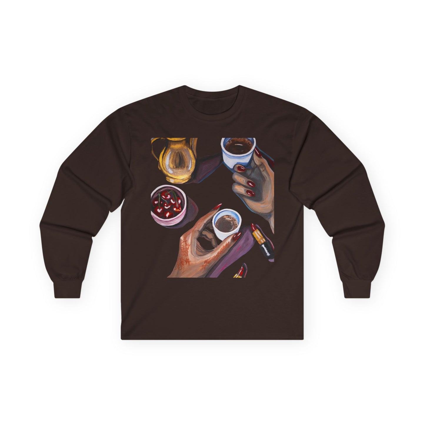 Coffee Artwork Long Sleeve Tee — Hands Sharing Coffee Graphic
