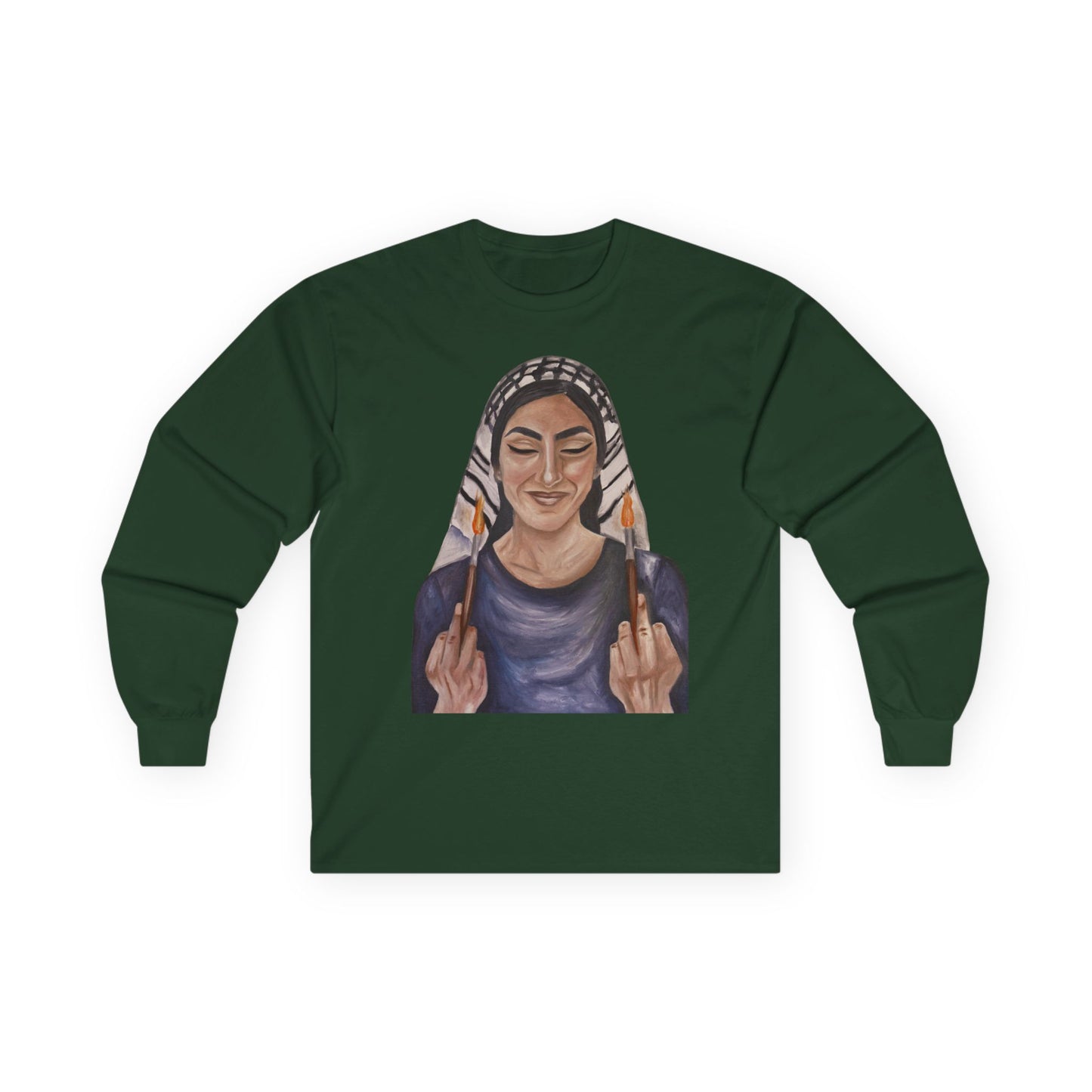 Long Sleeve Tee — Woman with Headscarf Flipping Off Middle Fingers Graphic