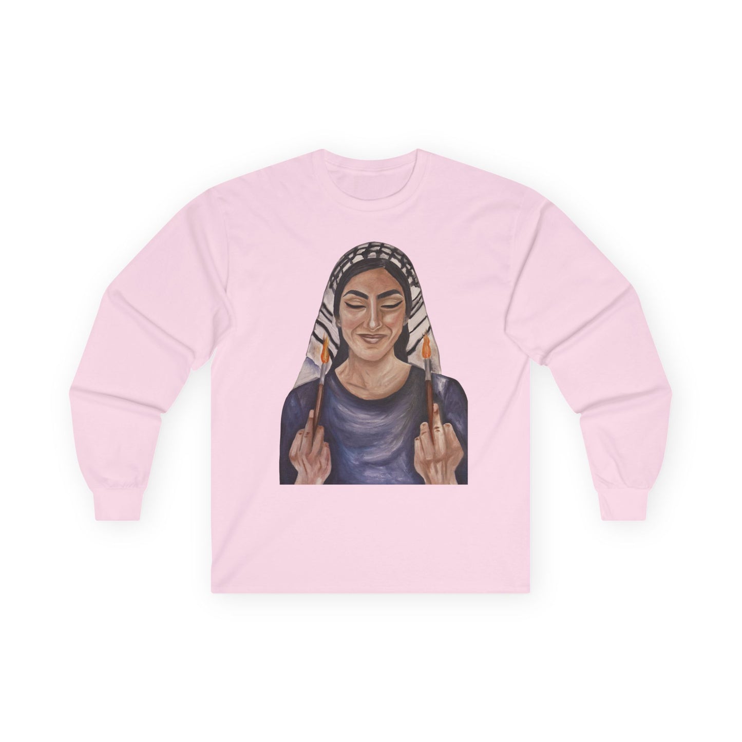 Long Sleeve Tee — Woman with Headscarf Flipping Off Middle Fingers Graphic
