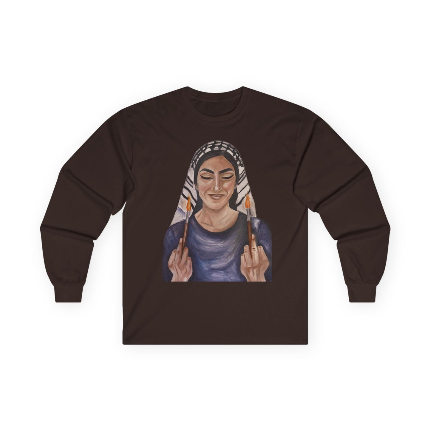 Long Sleeve Tee — Woman with Headscarf Flipping Off Middle Fingers Graphic
