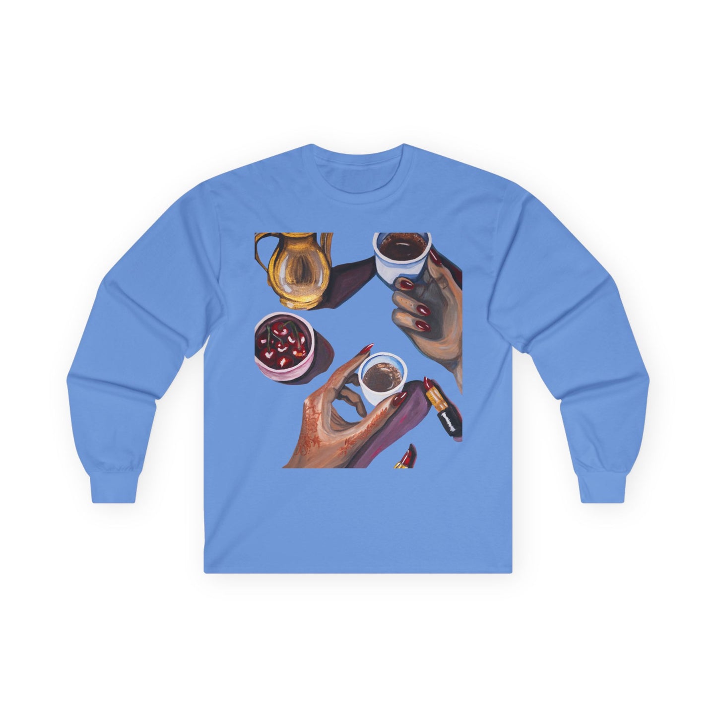 Coffee Artwork Long Sleeve Tee — Hands Sharing Coffee Graphic