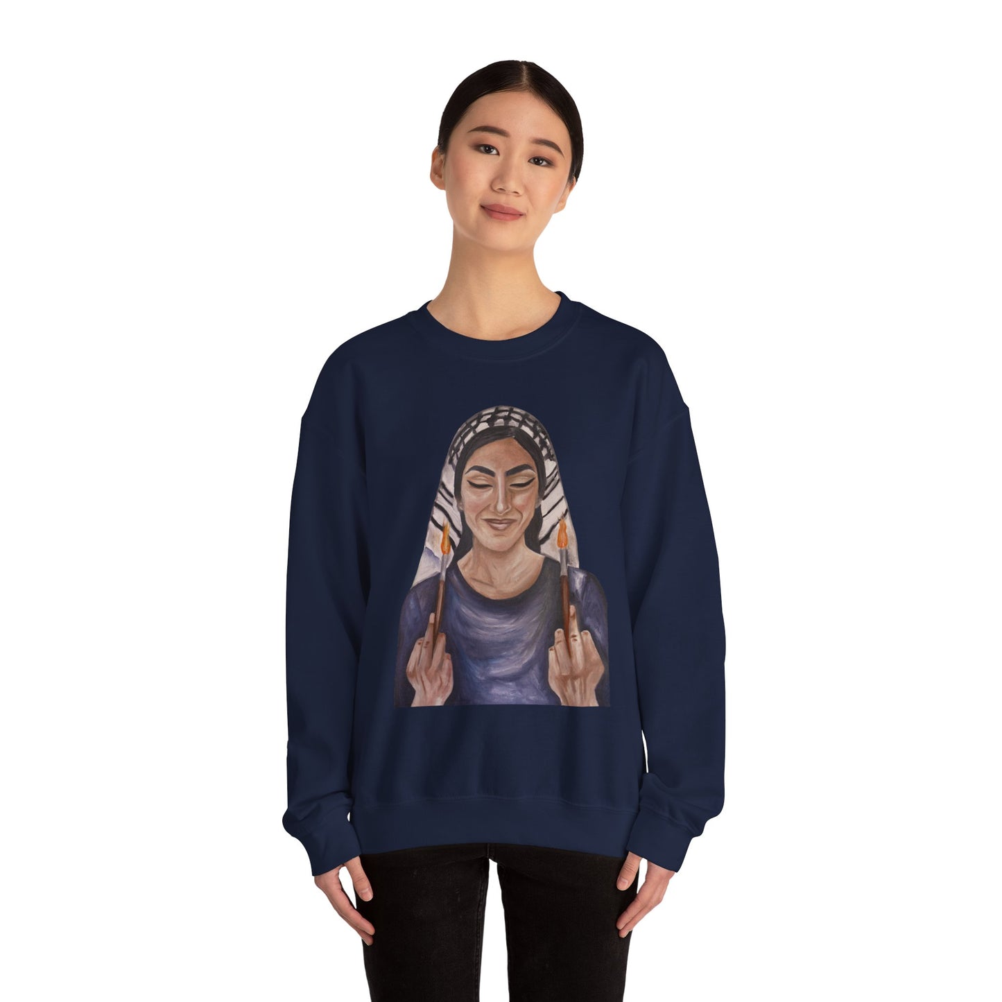 Crewneck Sweatshirt — Empowered Woman Art Print (middle fingers)