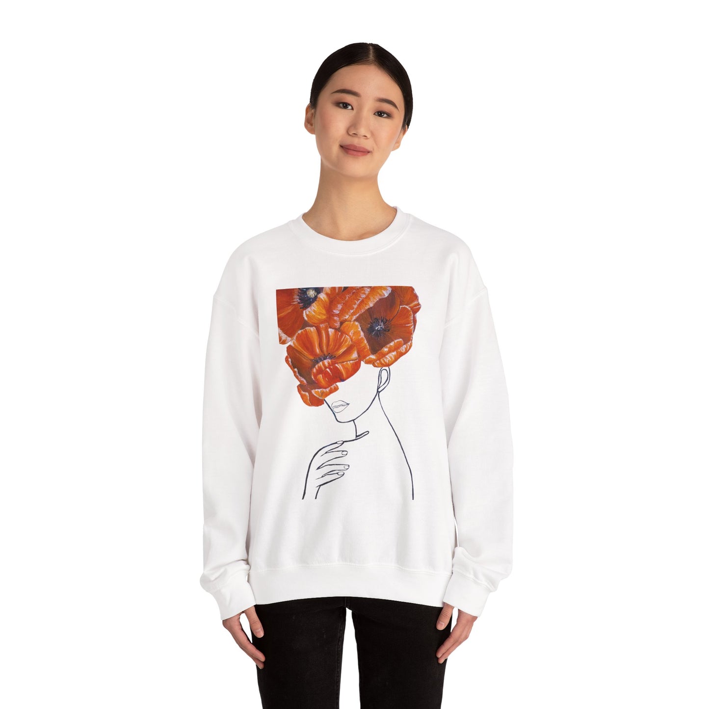 Poppy Headline Crewneck Sweatshirt — Floral Art Line Portrait