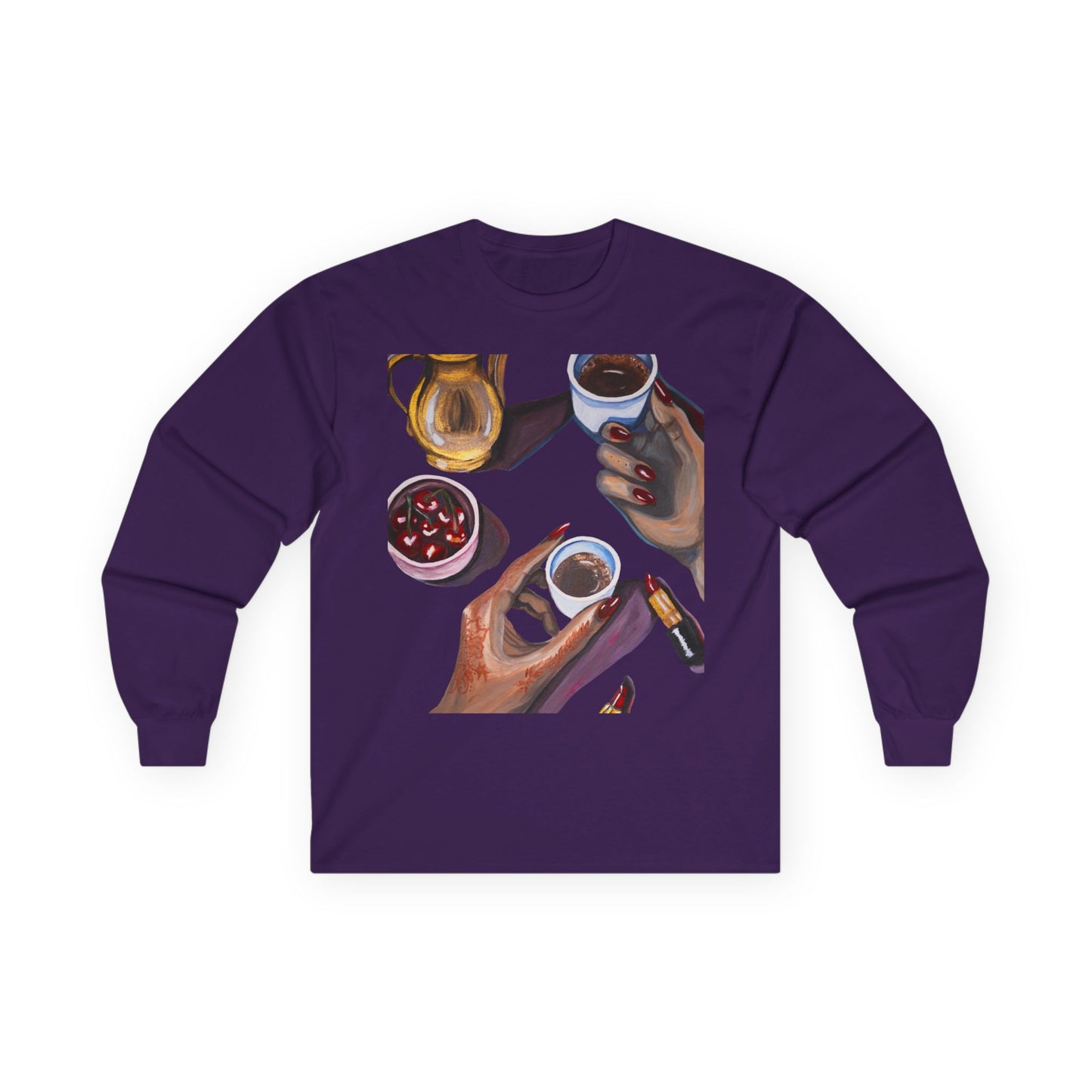 Coffee Artwork Long Sleeve Tee — Hands Sharing Coffee Graphic