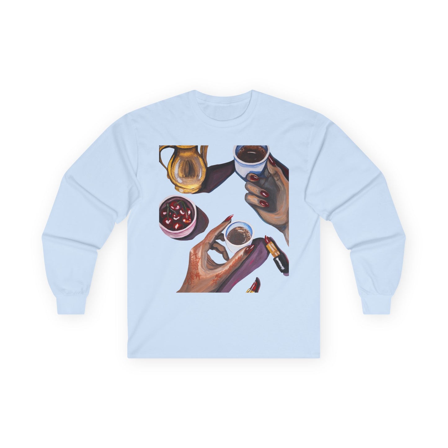 Coffee Artwork Long Sleeve Tee — Hands Sharing Coffee Graphic