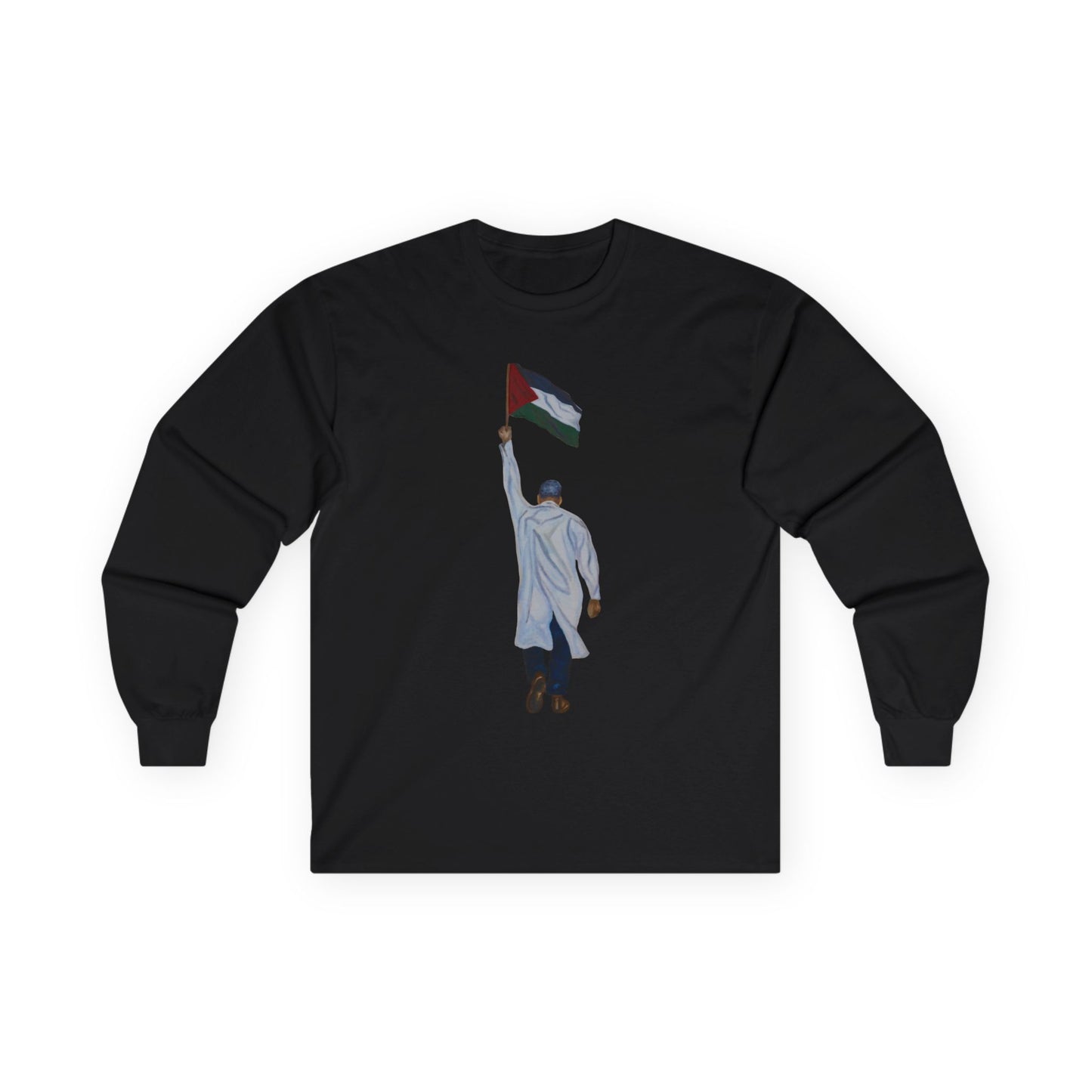 Long Sleeve Tee — Doctor Waving Palestine Flag Graphic